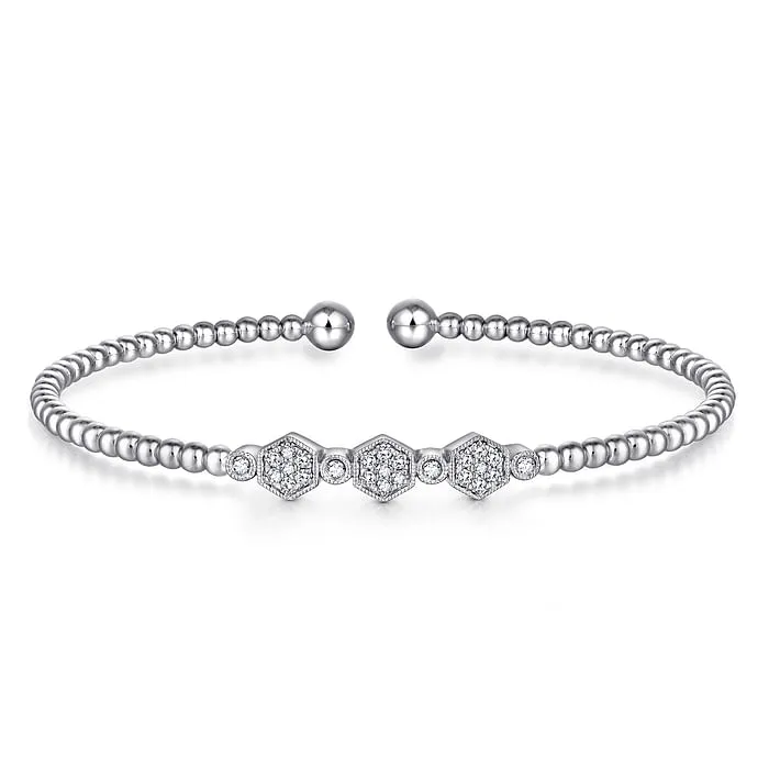 14K White Gold Bujukan Bead and Hexagon Cluster Diamond Bangle