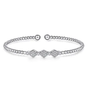 14K White Gold Bujukan Bead and Hexagon Cluster Diamond Bangle