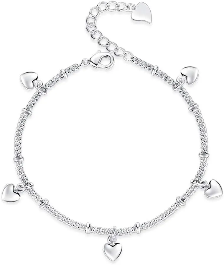 925 Sterling Silver Bracelets for Women Teens, Love Heart Charm Chain Bracelet Bangle Fashion Jewelry Gifts