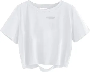 Avanova Women Distressed Loose Crop Top Oversized Short Sleeve Ripped Tee Shirt