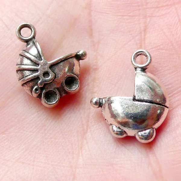 Baby Pram Charms Baby Stroller Charm Baby Carriage Charm (4pcs / 14mm x 16mm / Tibetan Silver) Baby Shower Decor Cute Favor Charm CHM1158