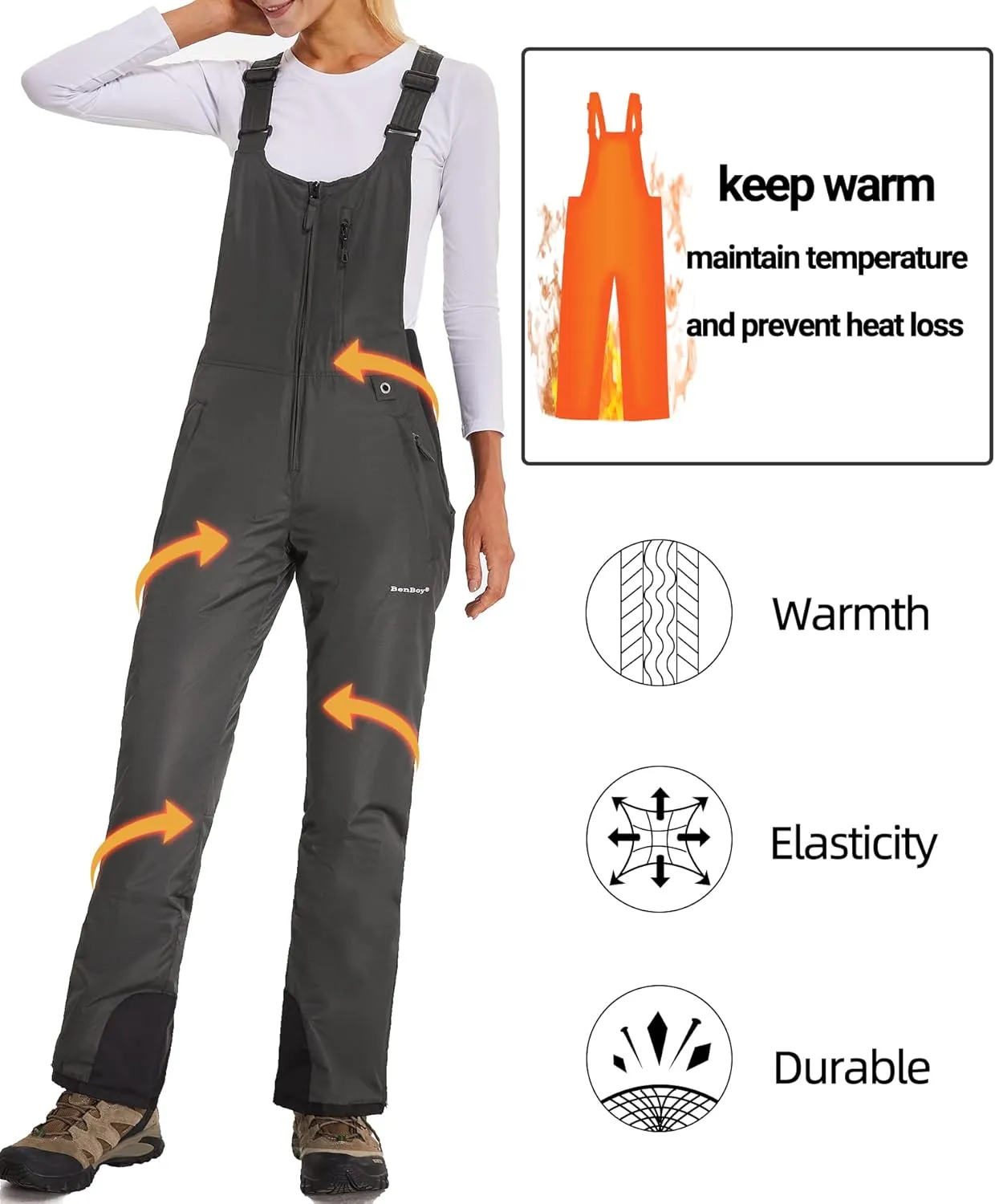 BenBoy Women's Snow Bibs Ski Waterproof Windproof Insulated Overalls Ripstop Snowboard Pants Winter