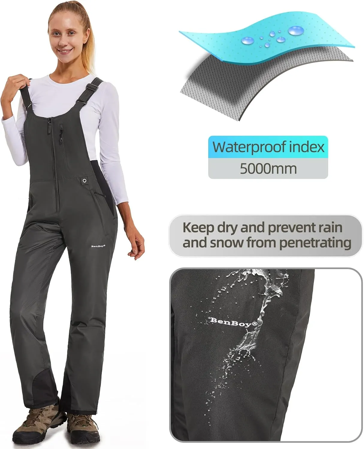 BenBoy Women's Snow Bibs Ski Waterproof Windproof Insulated Overalls Ripstop Snowboard Pants Winter
