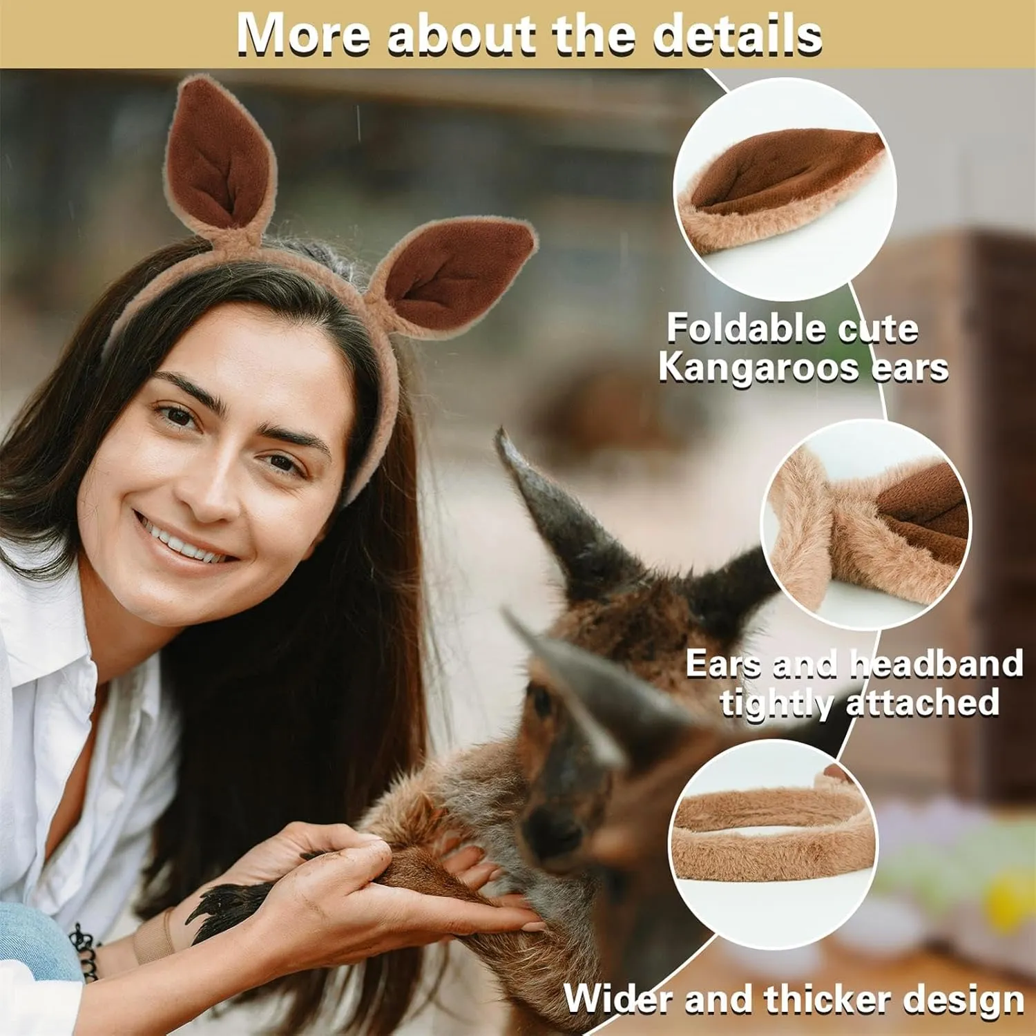 Beviliu Animals Ear Kangaroo Ears Headband Realistic Fluffy Cat Bunny Dog Hairband Halloween Christmas Costume for Washing Makeup Cosplay Party