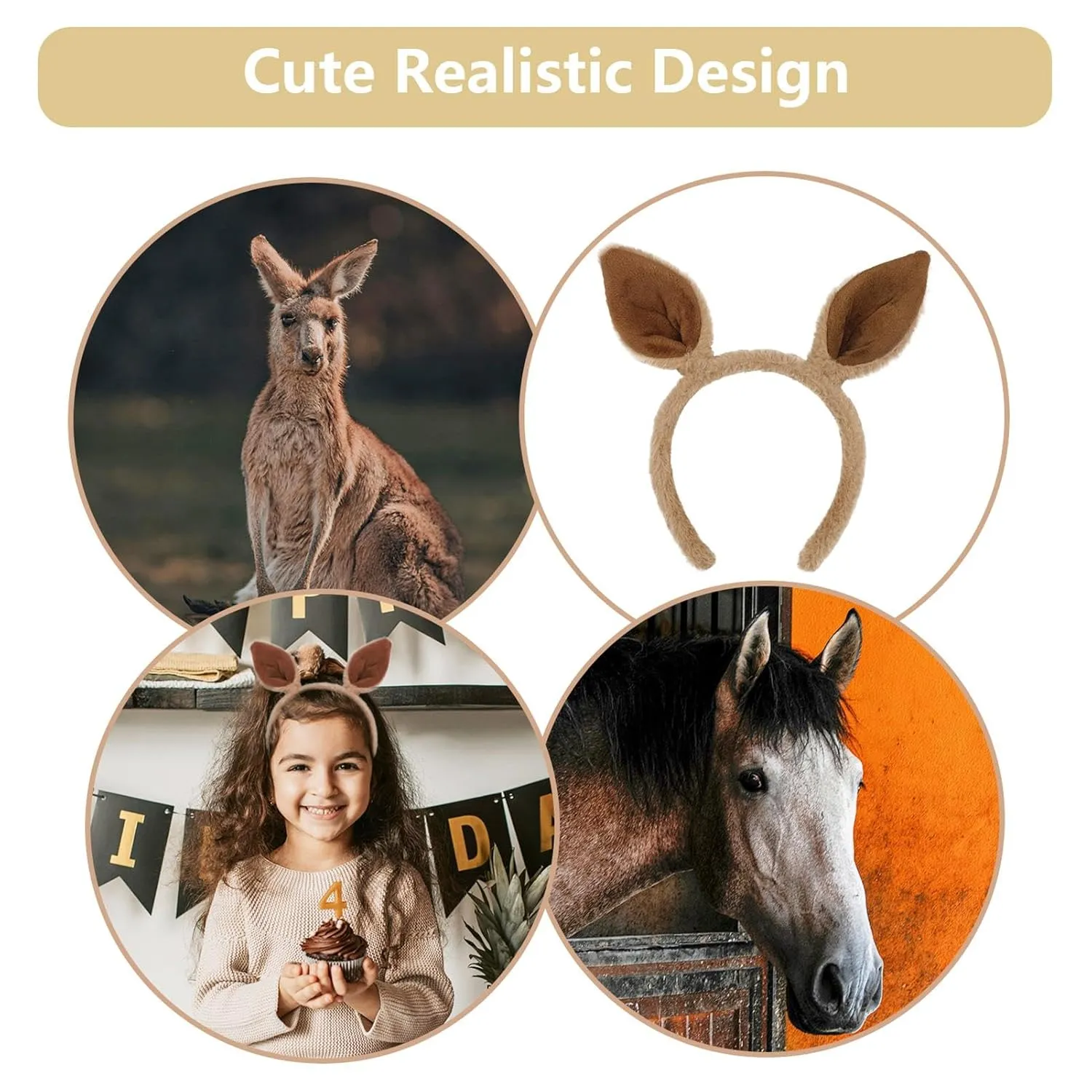 Beviliu Animals Ear Kangaroo Ears Headband Realistic Fluffy Cat Bunny Dog Hairband Halloween Christmas Costume for Washing Makeup Cosplay Party