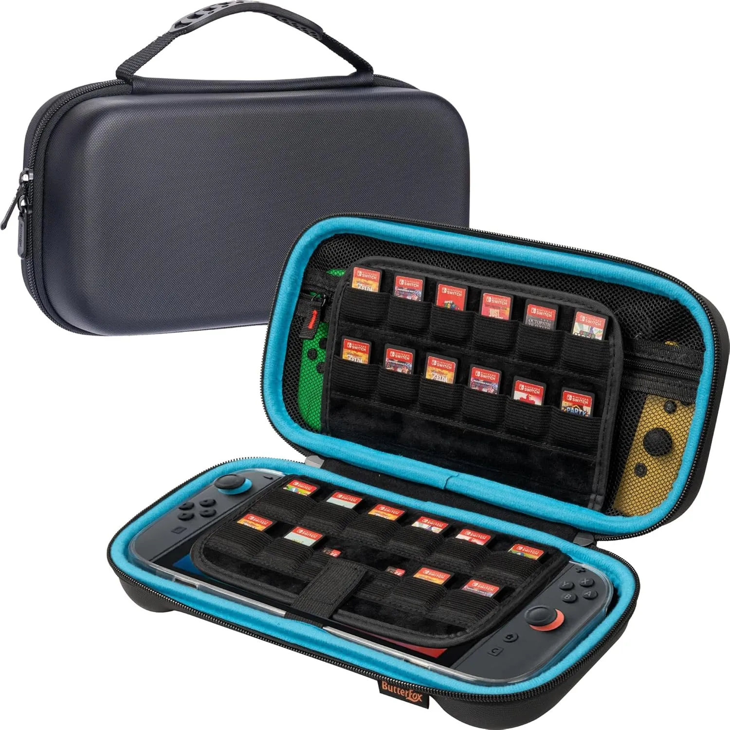 ButterFox Large Switch 2 Carrying Case for Nintendo Switch 2 Console, Fits Slim Charger and Protective Grip Case, With 24 Game Holders and Built-in Stand (Plain Black/Blue)