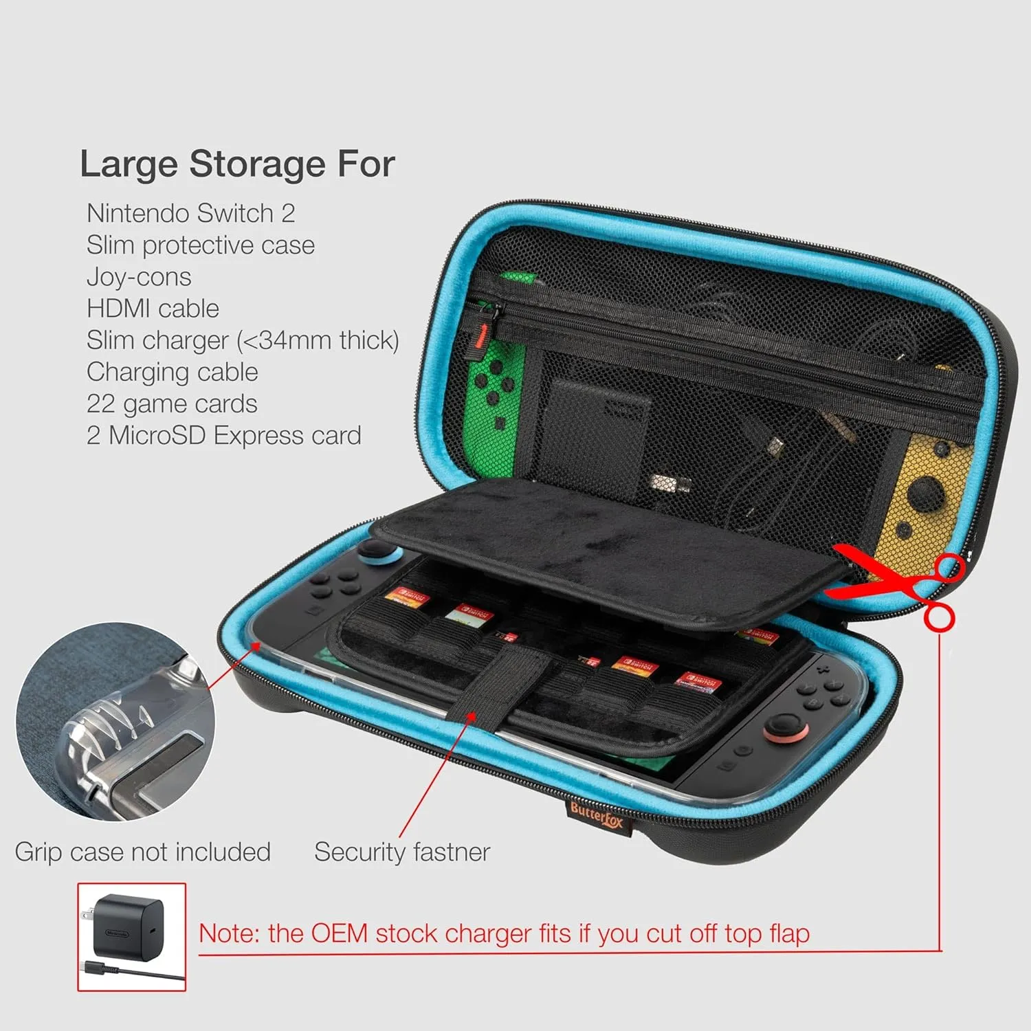 ButterFox Large Switch 2 Carrying Case for Nintendo Switch 2 Console, Fits Slim Charger and Protective Grip Case, With 24 Game Holders and Built-in Stand (Plain Black/Blue)