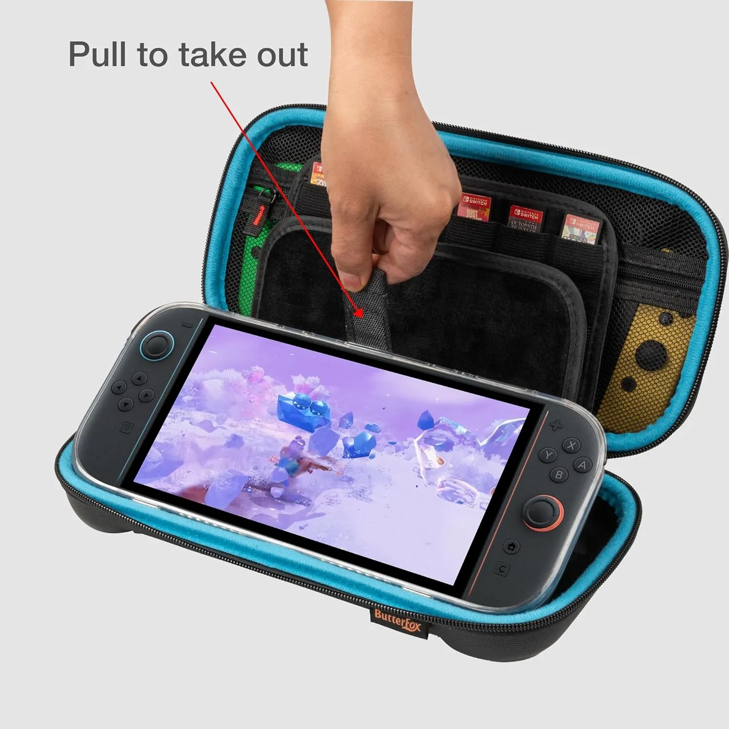 ButterFox Large Switch 2 Carrying Case for Nintendo Switch 2 Console, Fits Slim Charger and Protective Grip Case, With 24 Game Holders and Built-in Stand (Plain Black/Blue)