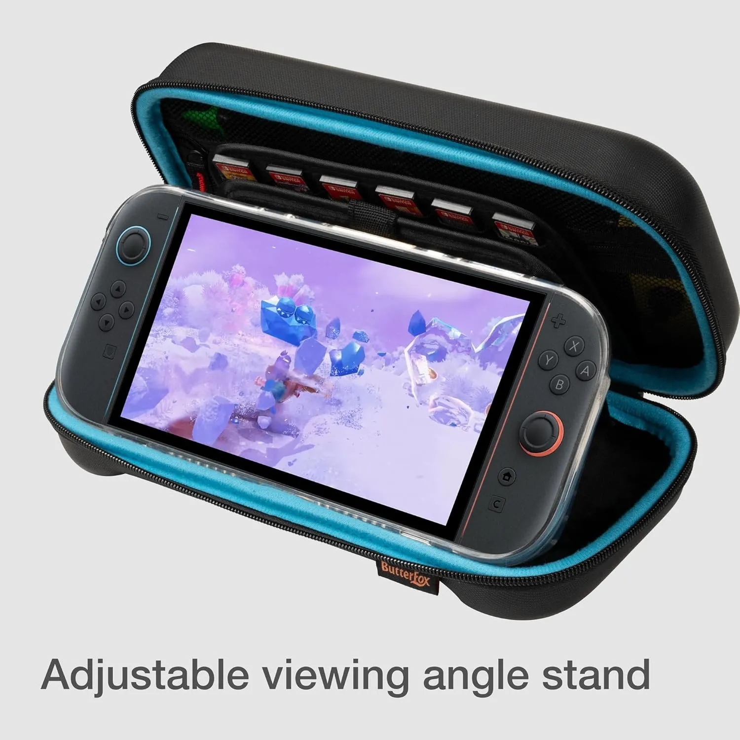 ButterFox Large Switch 2 Carrying Case for Nintendo Switch 2 Console, Fits Slim Charger and Protective Grip Case, With 24 Game Holders and Built-in Stand (Plain Black/Blue)