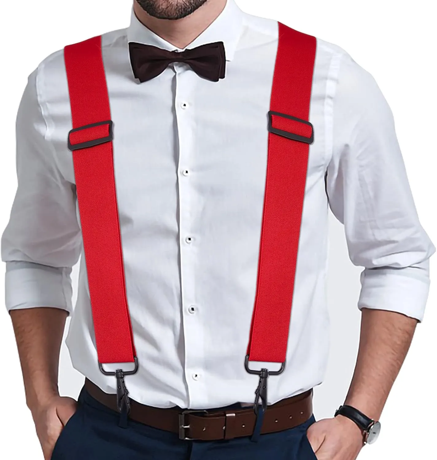 Buyless Fashion Mens Suspenders - 48" Elastic Adjustable Heavy Duty 2" Wide - X Back With Black Hooks