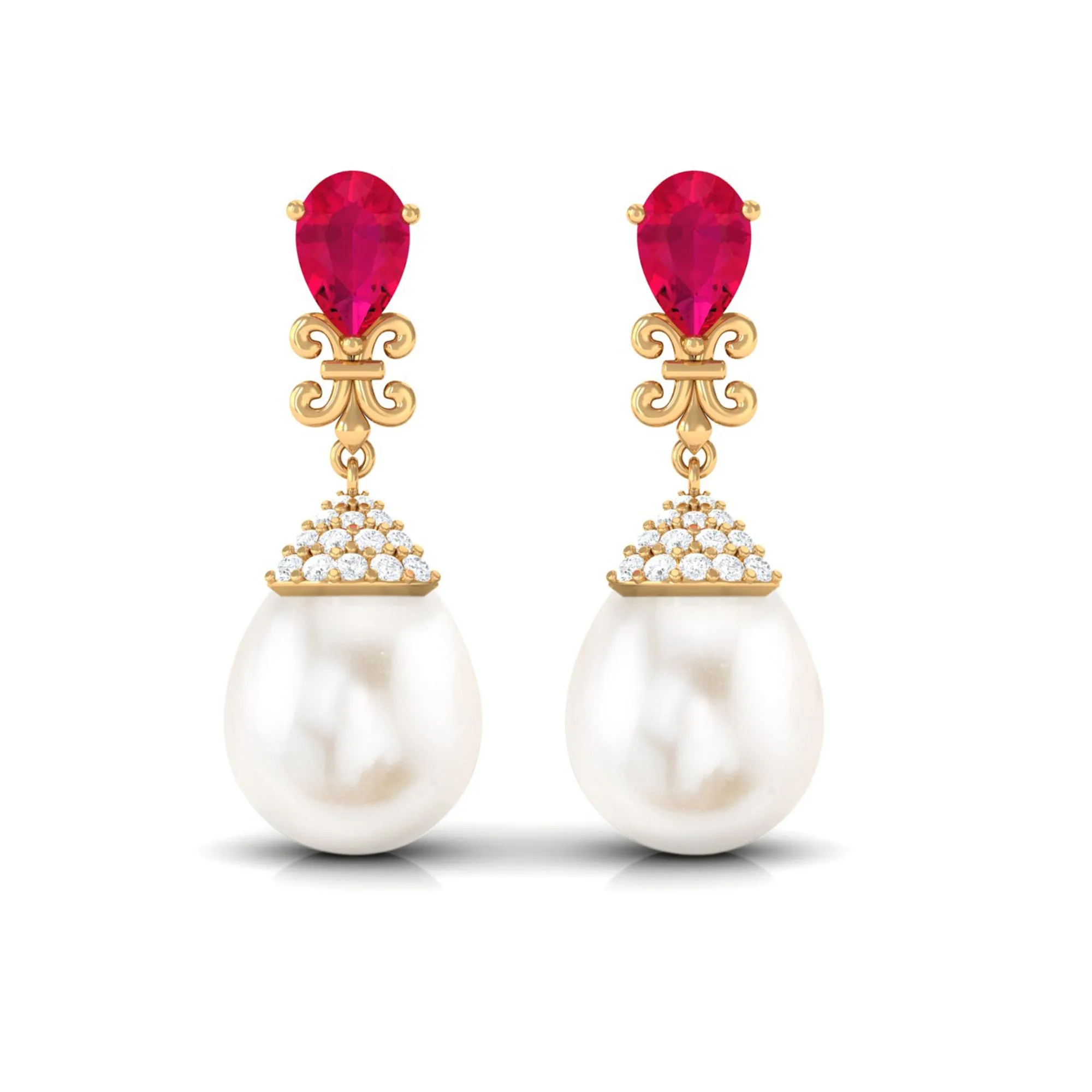 Classic Freshwater Pearl Drop Earrings with Ruby and Diamond