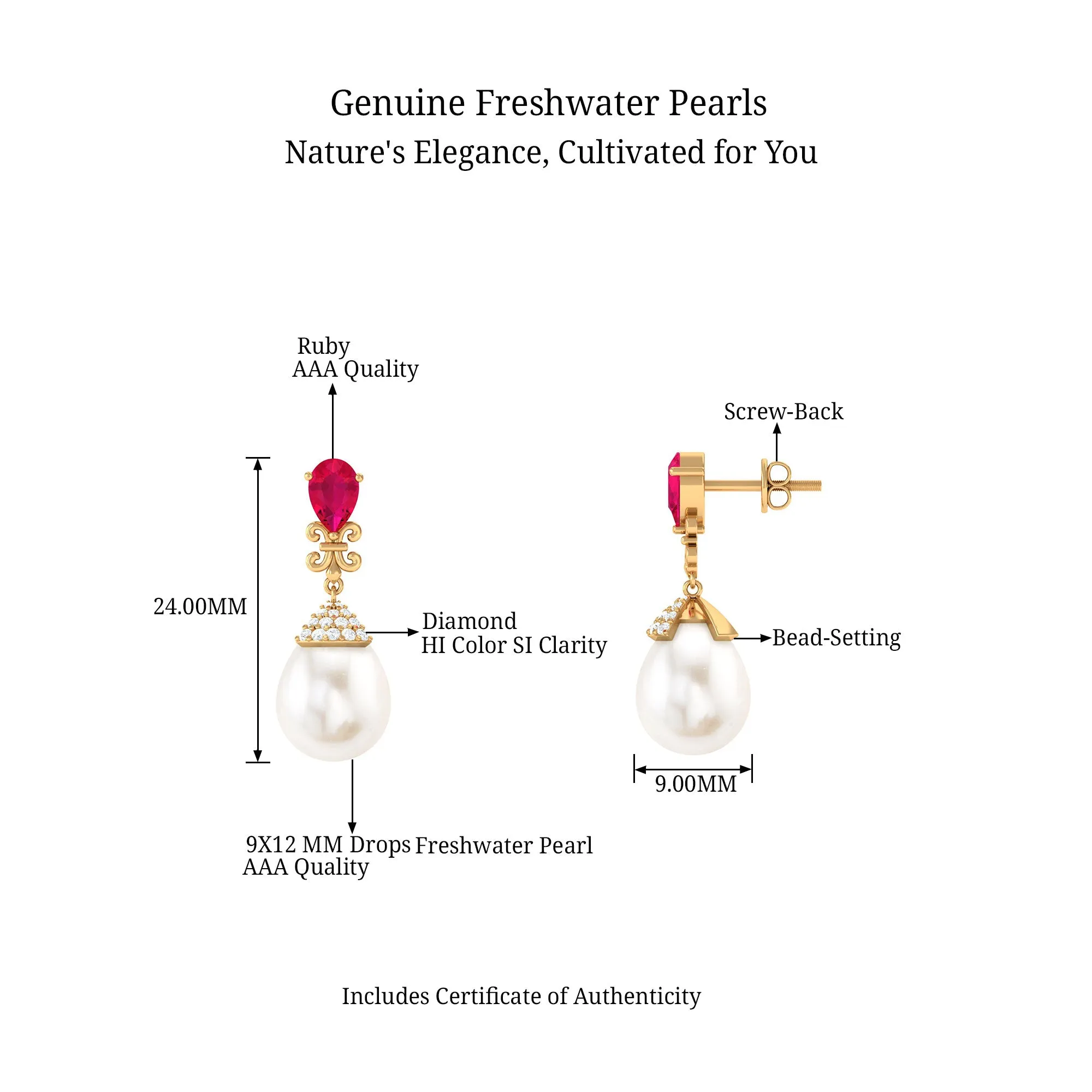 Classic Freshwater Pearl Drop Earrings with Ruby and Diamond