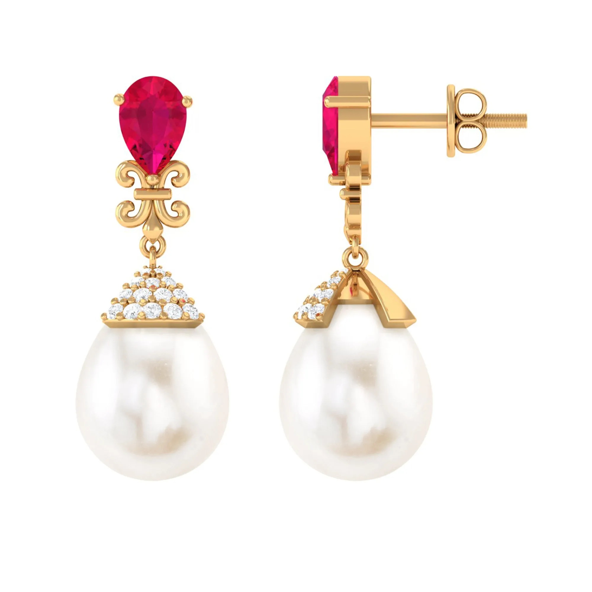 Classic Freshwater Pearl Drop Earrings with Ruby and Diamond