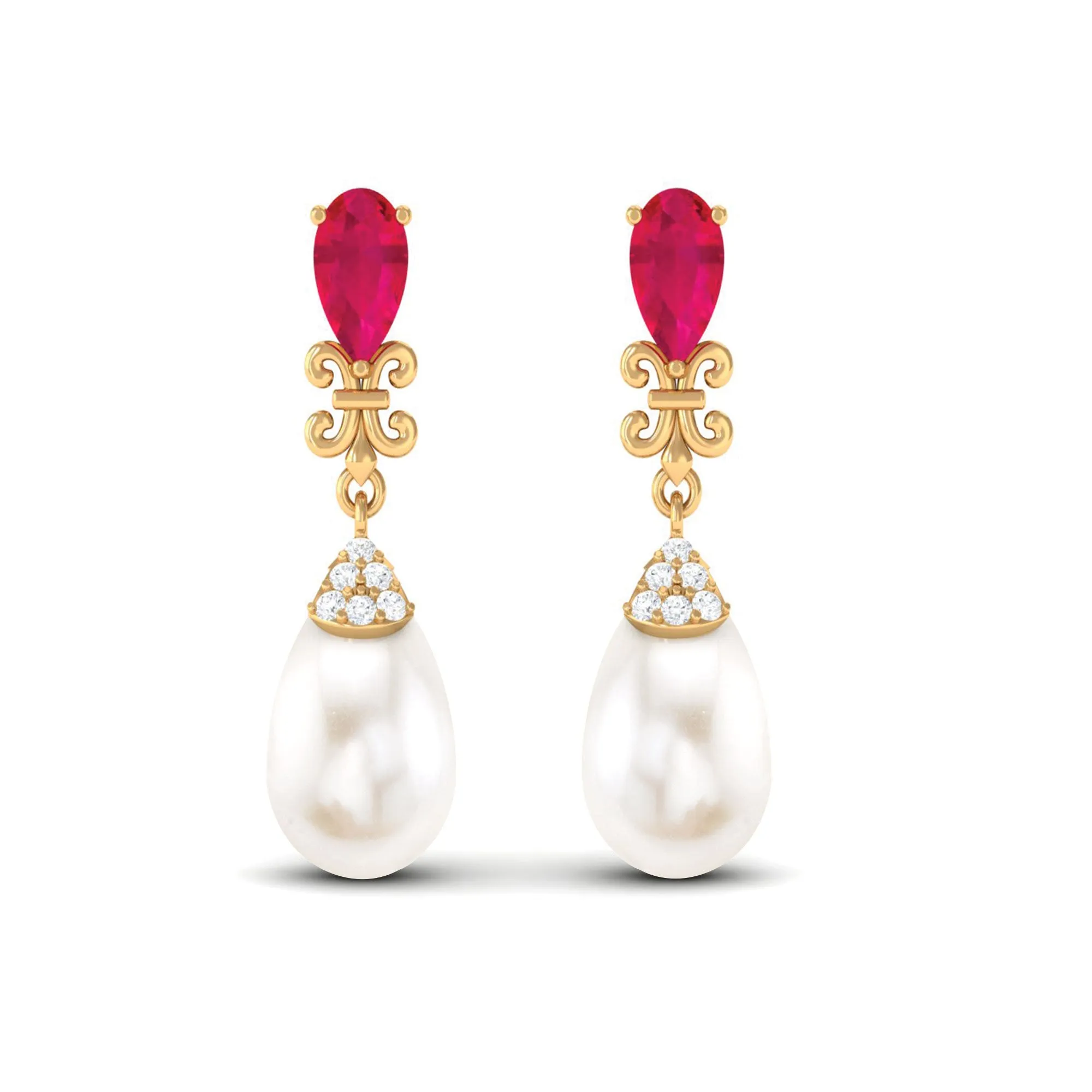 Classic Freshwater Pearl Drop Earrings with Ruby and Diamond
