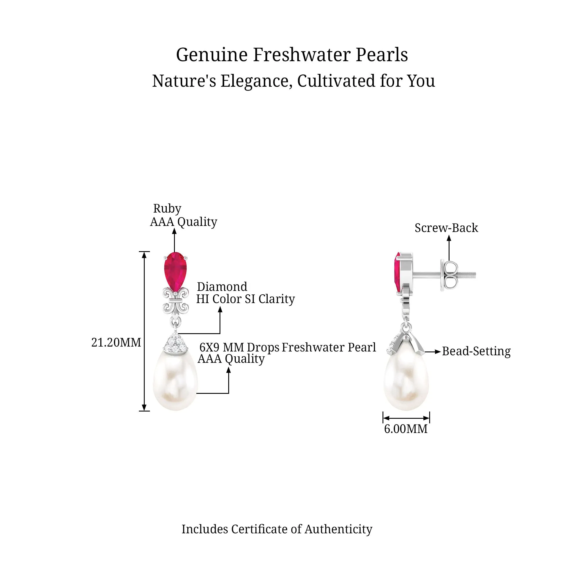 Classic Freshwater Pearl Drop Earrings with Ruby and Diamond