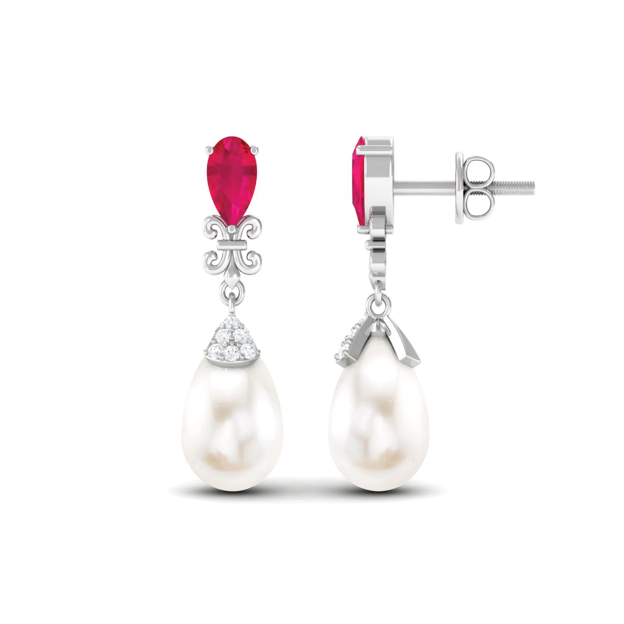 Classic Freshwater Pearl Drop Earrings with Ruby and Diamond