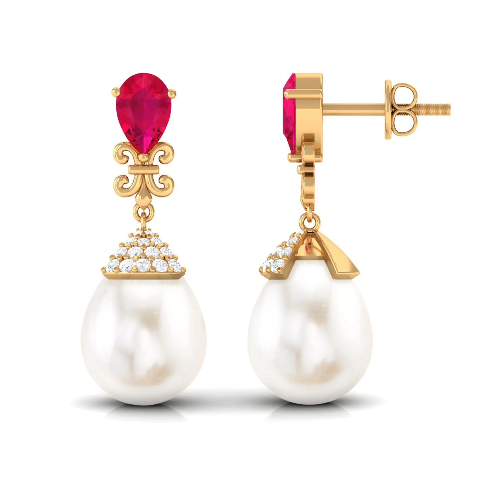 Classic Freshwater Pearl Drop Earrings with Ruby and Diamond