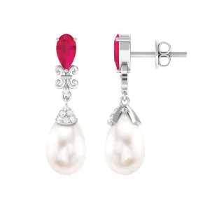 Classic Freshwater Pearl Drop Earrings with Ruby and Diamond