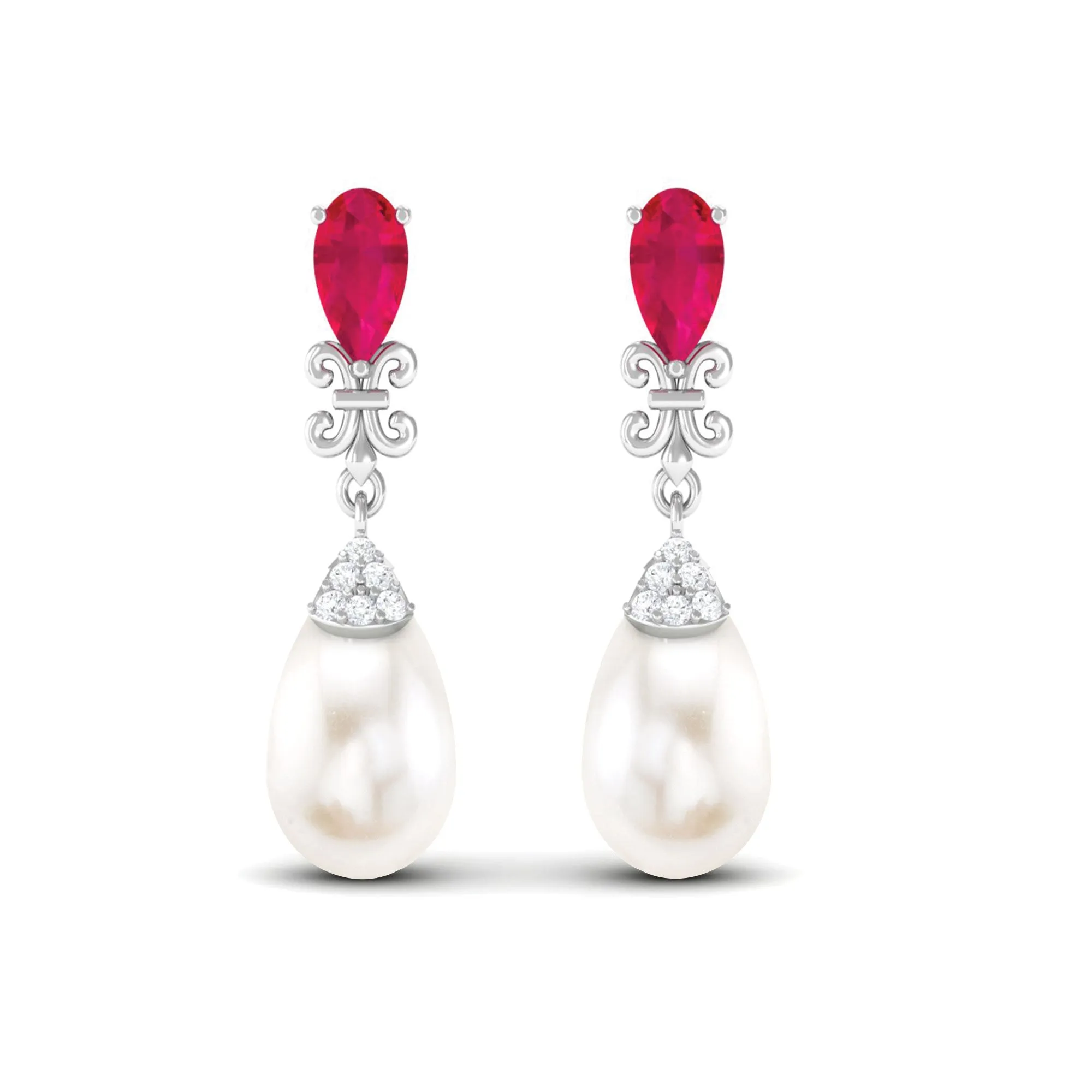 Classic Freshwater Pearl Drop Earrings with Ruby and Diamond