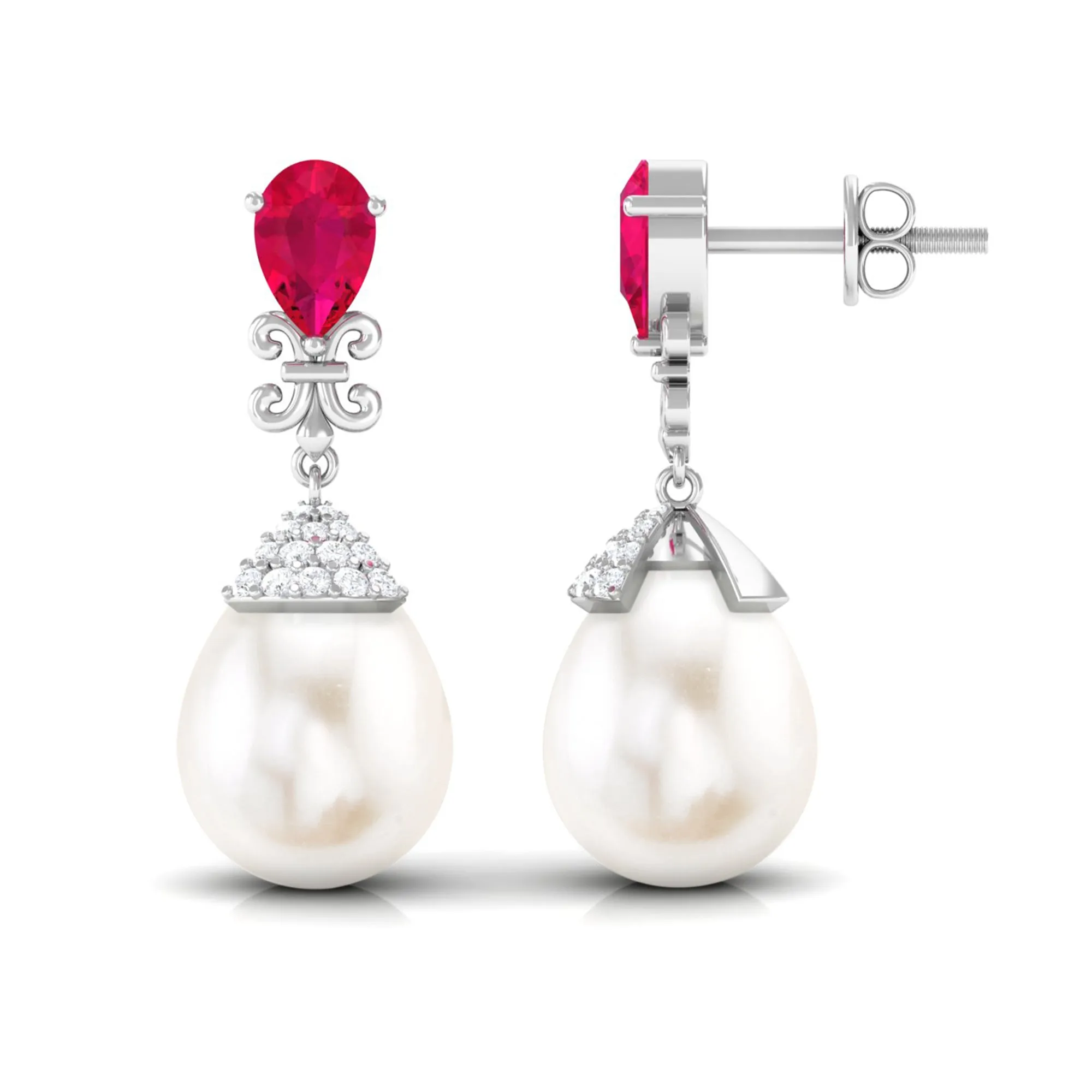 Classic Freshwater Pearl Drop Earrings with Ruby and Diamond