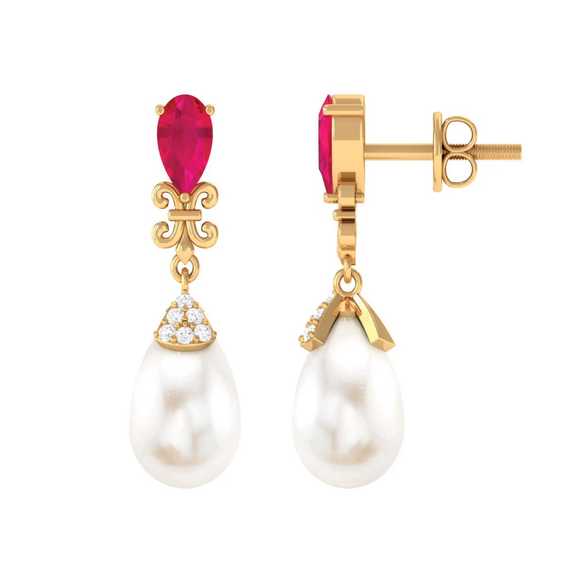 Classic Freshwater Pearl Drop Earrings with Ruby and Diamond