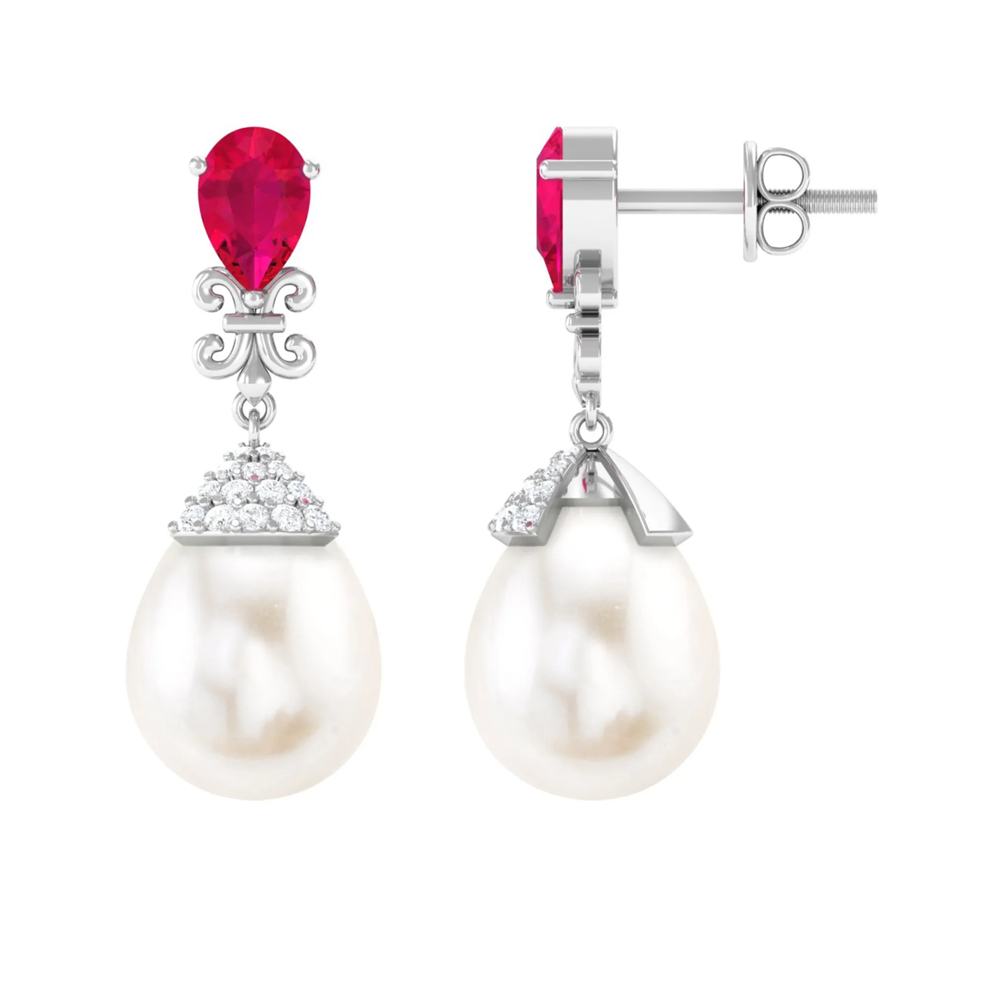 Classic Freshwater Pearl Drop Earrings with Ruby and Diamond