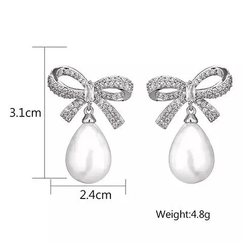 Crystal Bow & Pearl Earrings Silver