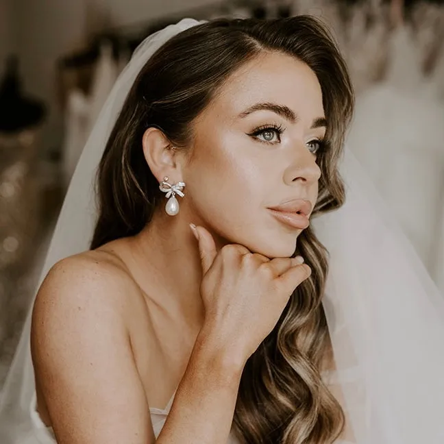 Crystal Bow & Pearl Earrings Silver