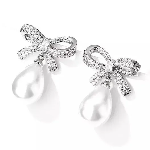 Crystal Bow & Pearl Earrings Silver