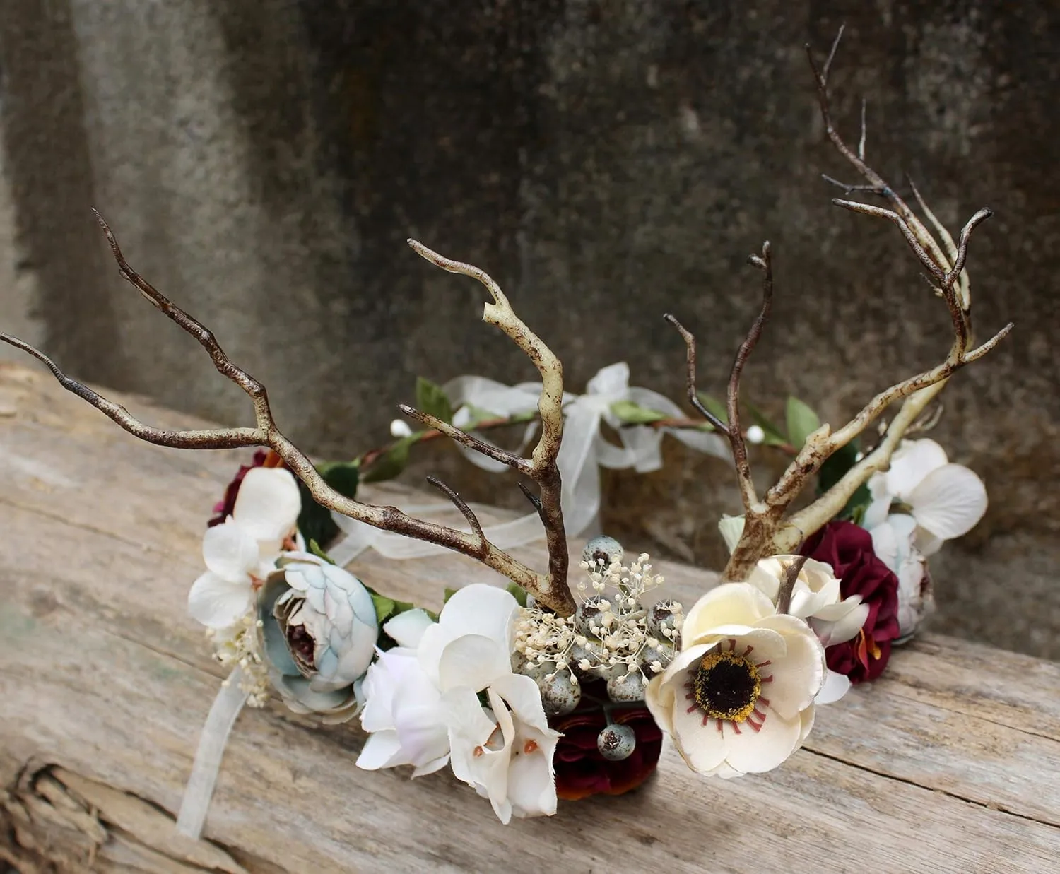Deer Antler Hair Band with Flowers, Adjustable Size, 16cm-18cm Diameter, Hair Hoop, Party, Cosplay, Costume, Unisex
