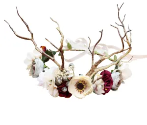 Deer Antler Hair Band with Flowers, Adjustable Size, 16cm-18cm Diameter, Hair Hoop, Party, Cosplay, Costume, Unisex