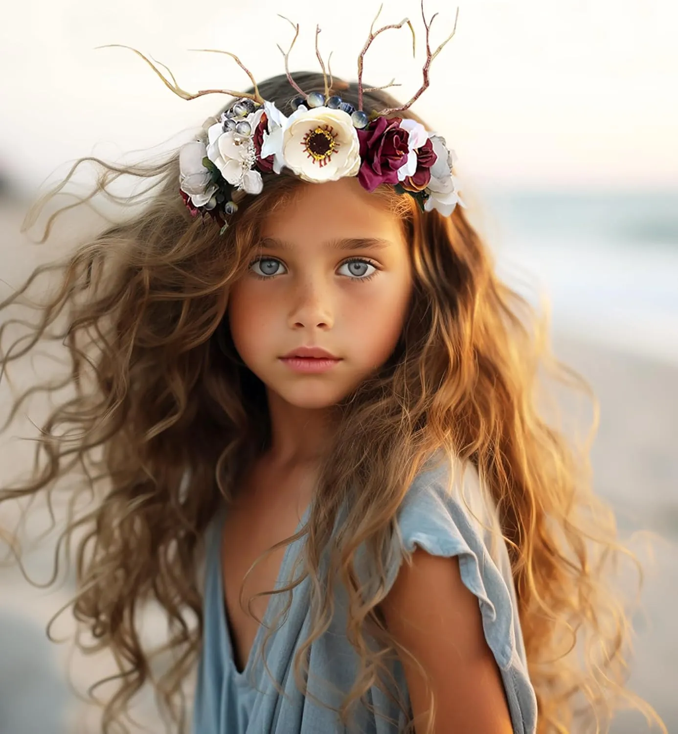 Deer Antler Hair Band with Flowers, Adjustable Size, 16cm-18cm Diameter, Hair Hoop, Party, Cosplay, Costume, Unisex
