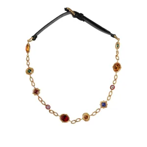 Dolce & Gabbana Black Leather Gold Brass Crystal Chain Waist Belt