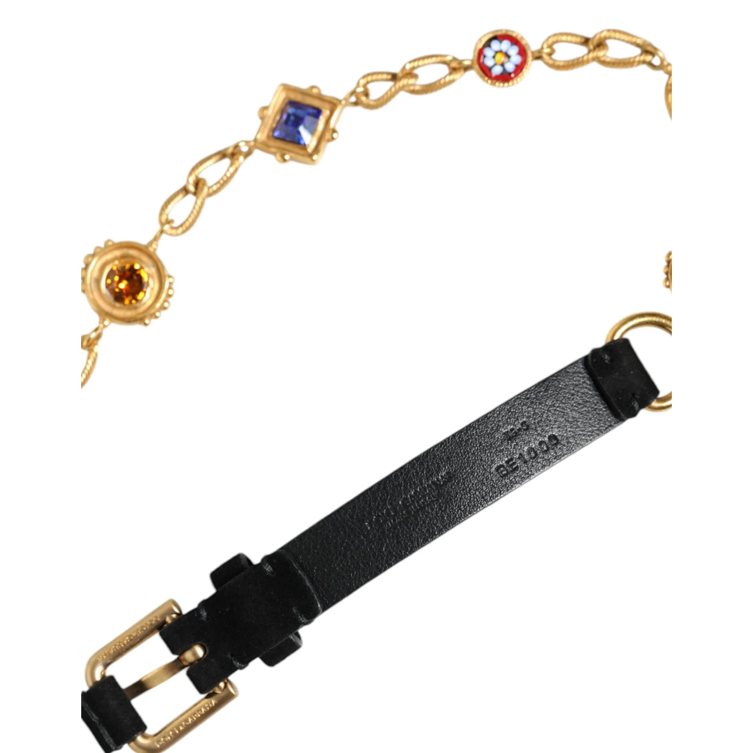 Dolce & Gabbana Black Leather Gold Brass Crystal Chain Waist Belt