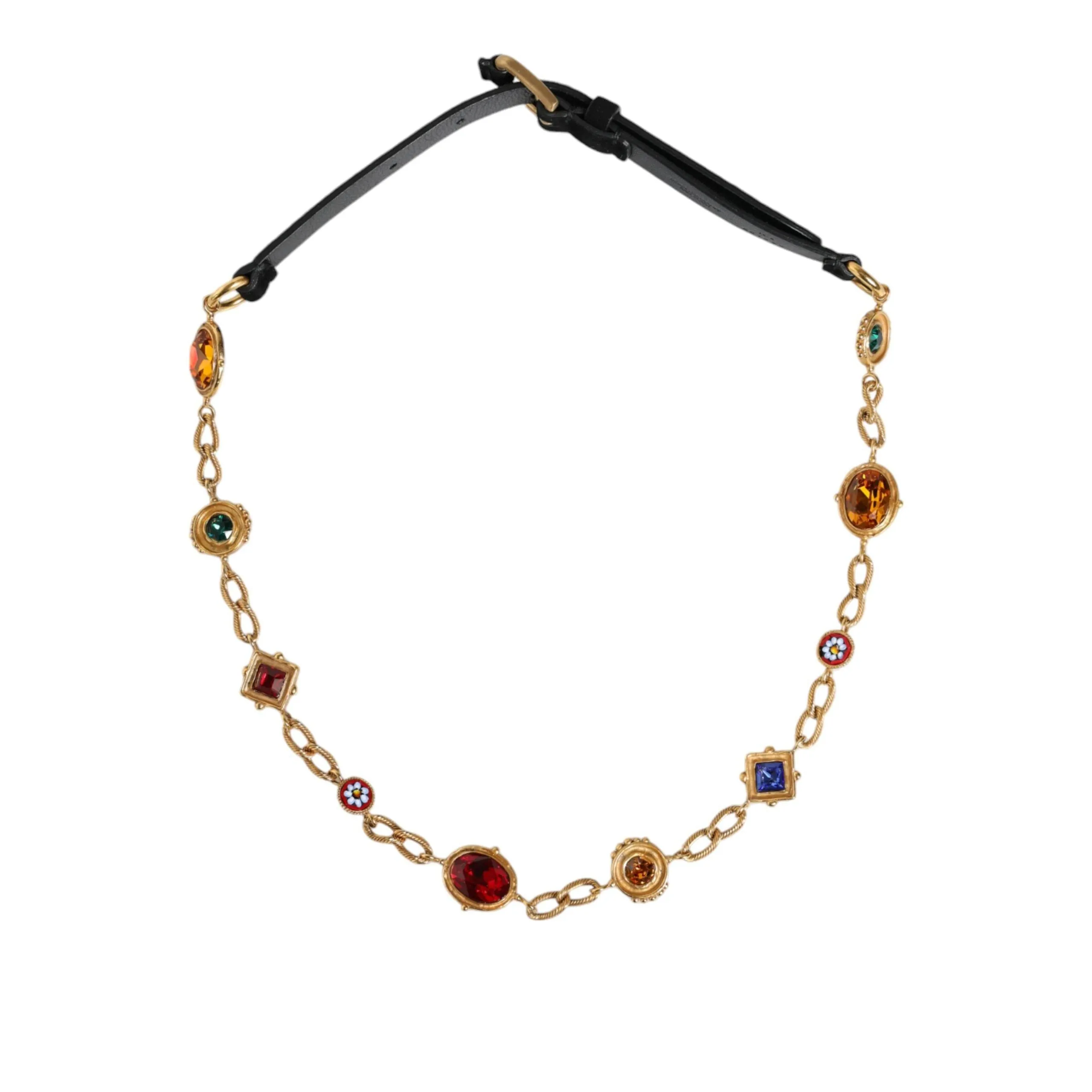 Dolce & Gabbana Black Leather Gold Brass Crystal Chain Waist Belt