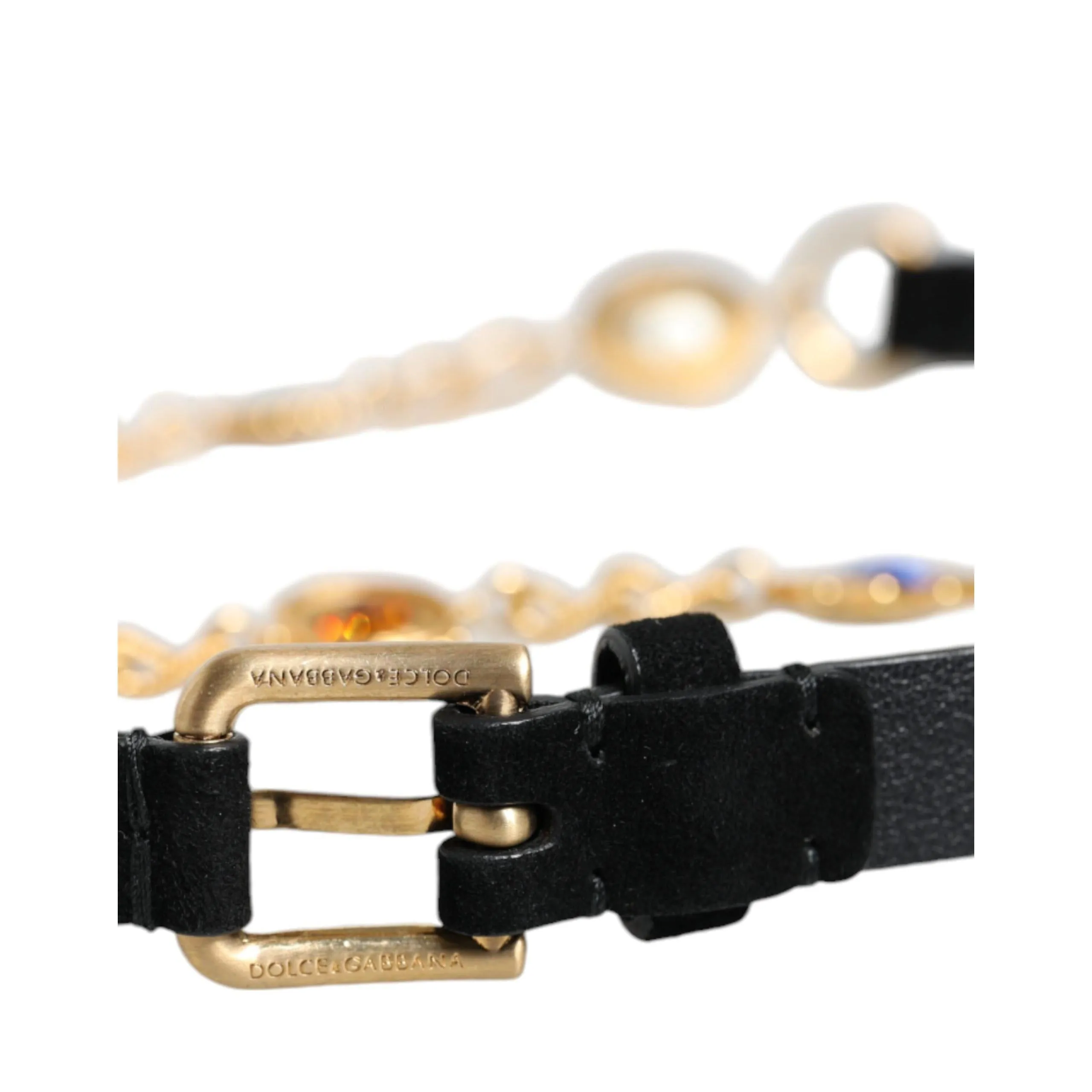 Dolce & Gabbana Black Leather Gold Brass Crystal Chain Waist Belt