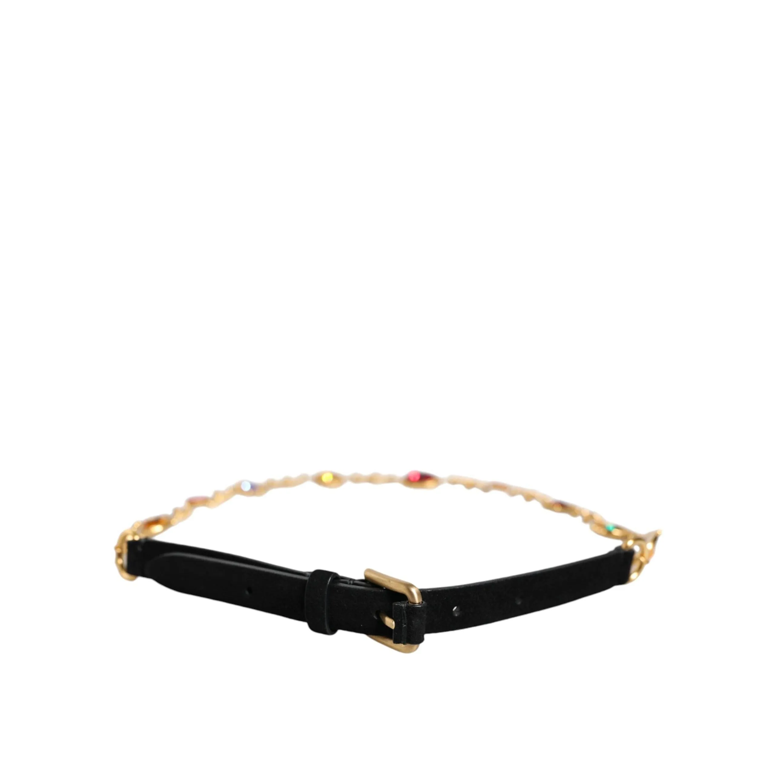 Dolce & Gabbana Black Leather Gold Brass Crystal Chain Waist Belt