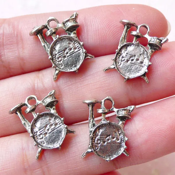Drum Kit Charms Drum Set Charm Drumkit Charm (4pcs / 12mm x 15mm / Tibetan Silver) Music Band Drummer Jewelry Pendant Keyring Charm CHM1233