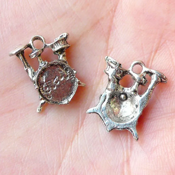 Drum Kit Charms Drum Set Charm Drumkit Charm (4pcs / 12mm x 15mm / Tibetan Silver) Music Band Drummer Jewelry Pendant Keyring Charm CHM1233