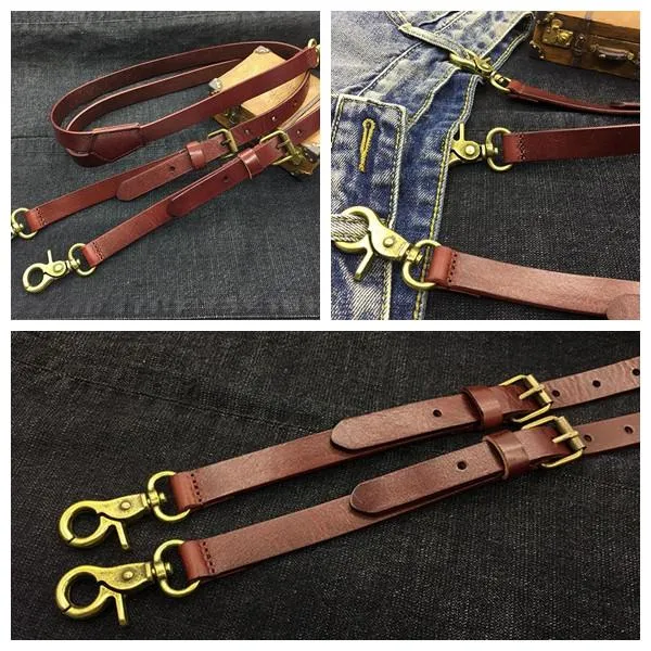 Handmade Vintage Genuine Leather Suspenders With Hook Clips - Reddish Brown