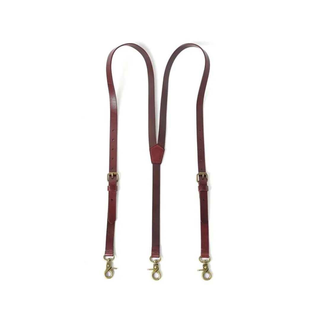 Handmade Vintage Genuine Leather Suspenders With Hook Clips - Reddish Brown