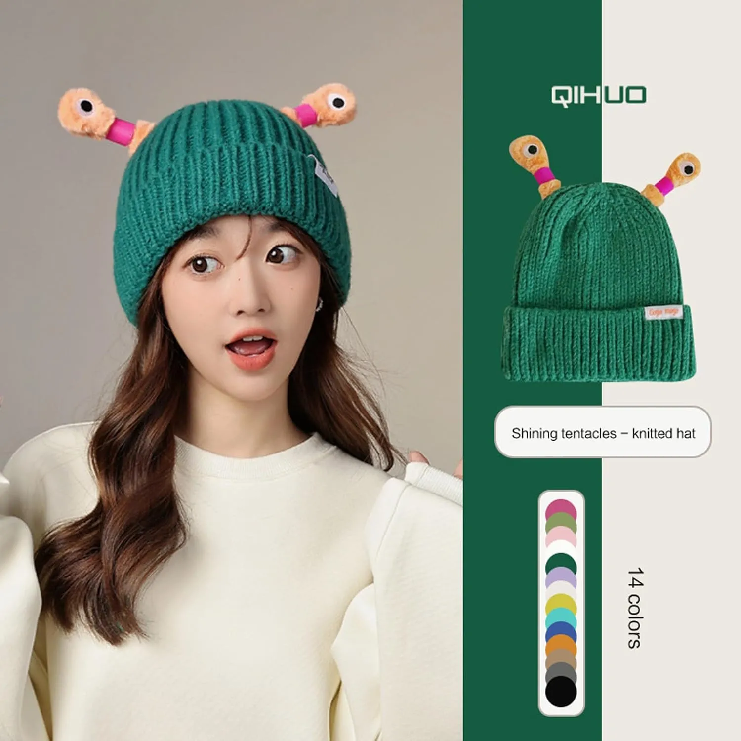 Honganda Funny Beanie Hat for Women, Glowing Monster Knitted Hat with Retractable Tentacles, Warm Winter Hat Gift for Adult