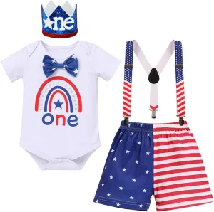 IBTOM CASTLE Newborn Infant Baby Boy My First 4th of July Outfit Suspender Shorts Cake Smash Party Photo Shoot Clothes Set