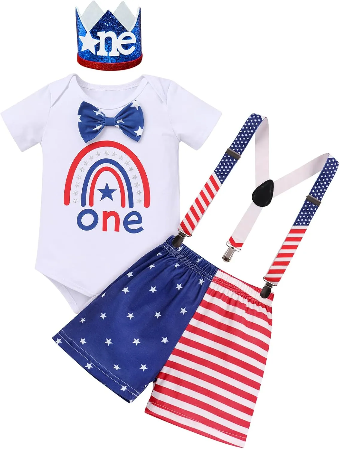 IBTOM CASTLE Newborn Infant Baby Boy My First 4th of July Outfit Suspender Shorts Cake Smash Party Photo Shoot Clothes Set