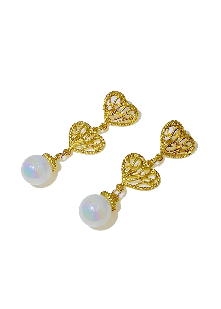 Imitation Pearl Double Heart Drop Eearrings