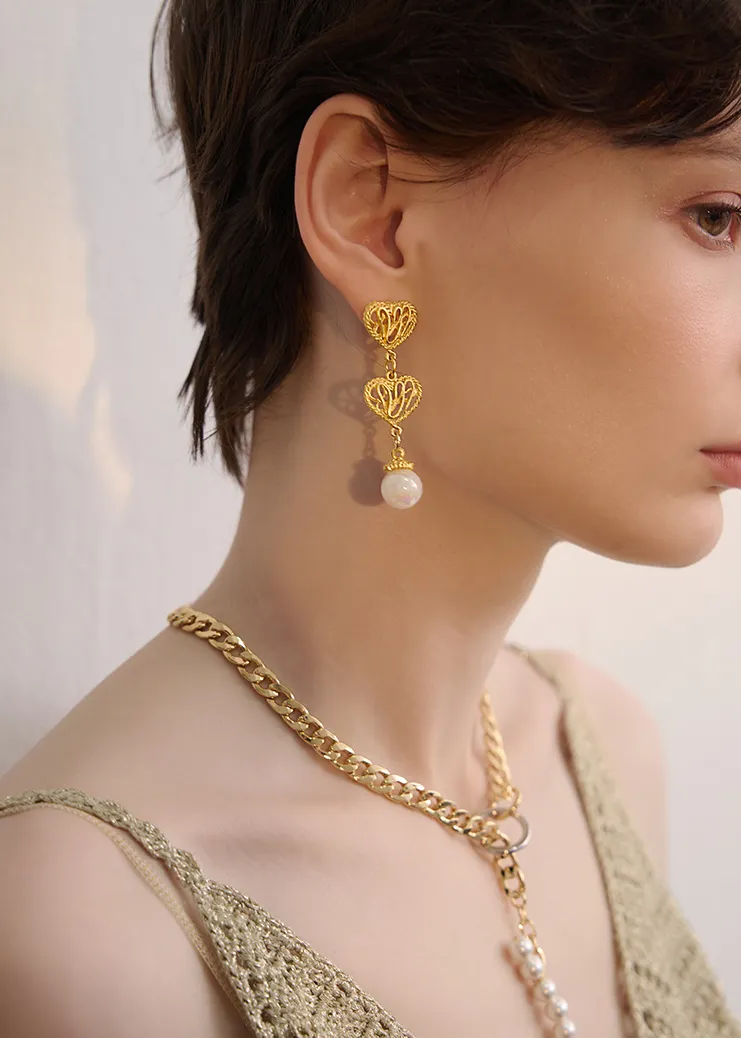 Imitation Pearl Double Heart Drop Eearrings
