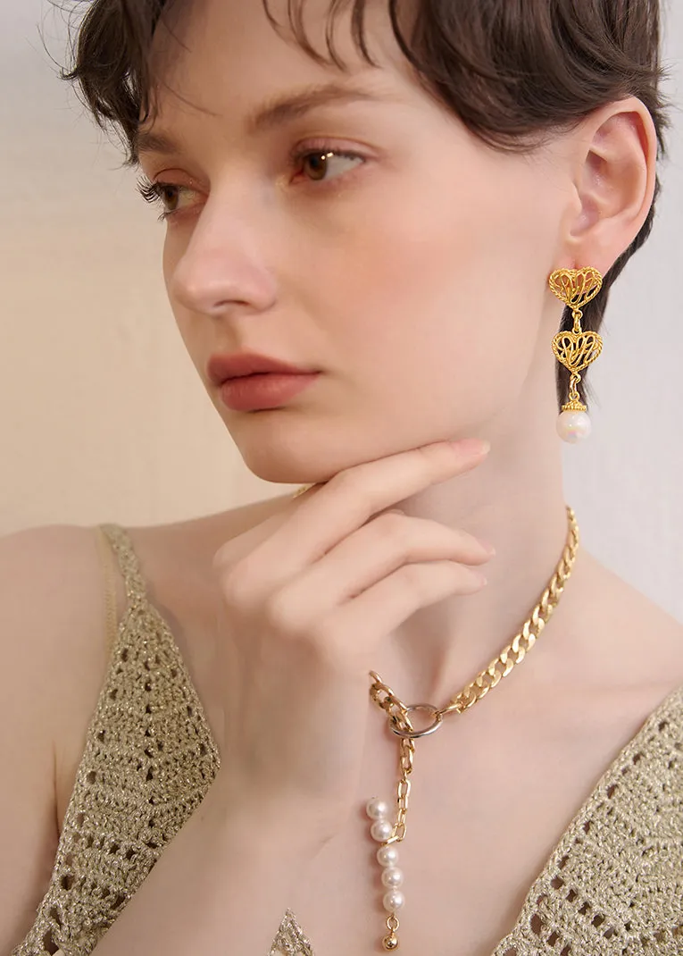 Imitation Pearl Double Heart Drop Eearrings