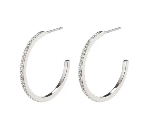 Large Crystal Semi Hoop Earrings | Silver Plated