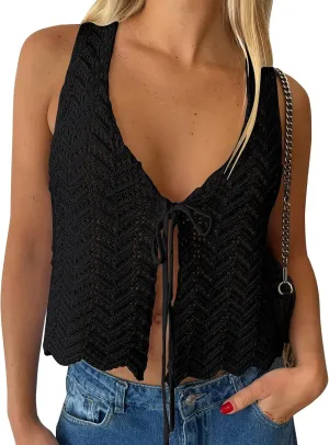 LILLUSORY Crochet Tops for Women Summer Vacation Outfits Beach Coverup Going Out Tie Front Spring Sweater Vest 2025 Fashion