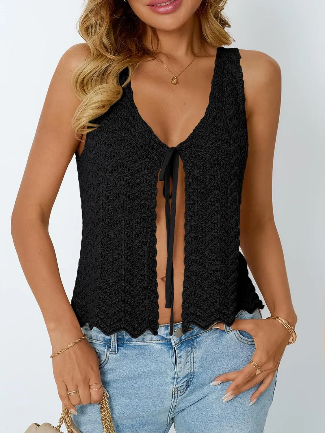 LILLUSORY Crochet Tops for Women Summer Vacation Outfits Beach Coverup Going Out Tie Front Spring Sweater Vest 2025 Fashion